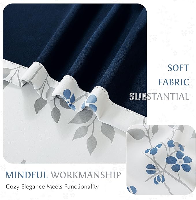 Beauoop Floral 100% Blackout Curtains 96 Inches Long 2 Panels for Bedroom Living Room Blue Grey and White Flower Patterned Room Darkening Thermal Soundproof Grommet Window Treatments Drapes, 52X96