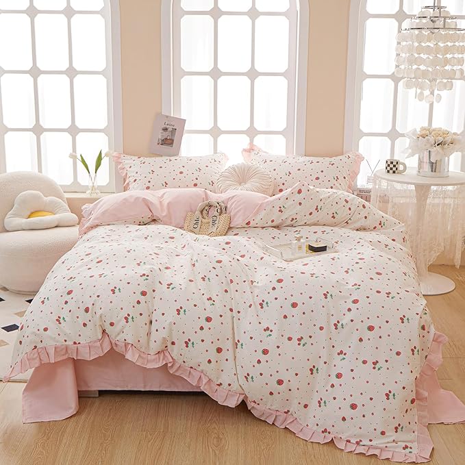 HighBuy Queen Comforter Set Strawberry Print Bedding Comforter Ruffled Lace Bedding Set Fluffy Fruit Comforters Pink Stripes Comforter Sets,1 Soft Romantic Ruffle Comforter with 2 Pillowcases