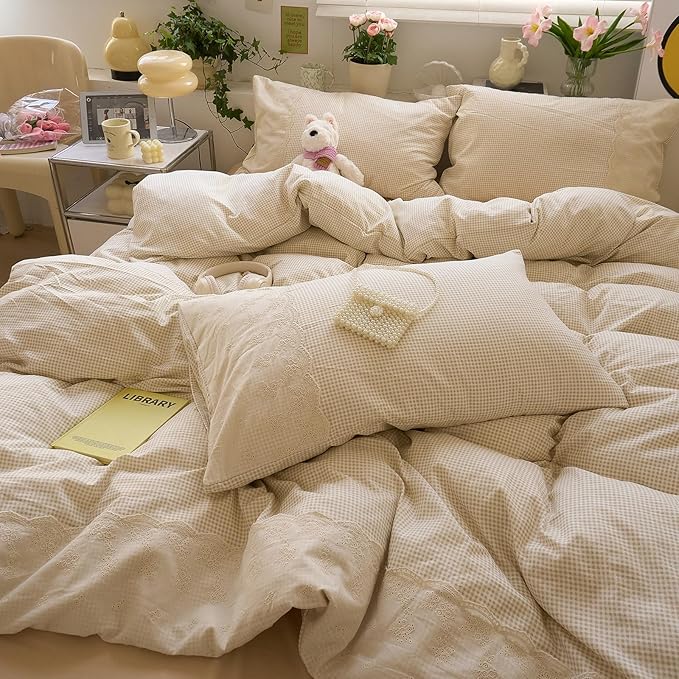 LifeTB Tan Gingham Comforter Set Full Romantic Lace Style Beige Taupe Plaid Comforter Set 3 Pieces Vintage Checkered Grid Comforter with 2 Pillowcases Fluffy Soft Farmhouse Gingham Bedding Set