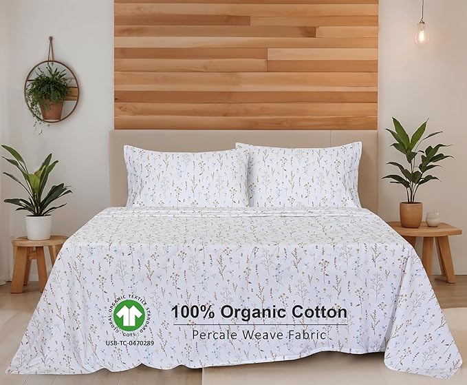 RUVANTI 100% Organic Cotton Sheets Full Size, Percale Weave, GOTS Certified, 4-Piece Set, Deep Pocket 15", Crisp & Breathable, Soft Durable Bedding, Sábanas Algodón Orgánico – Field Flower
