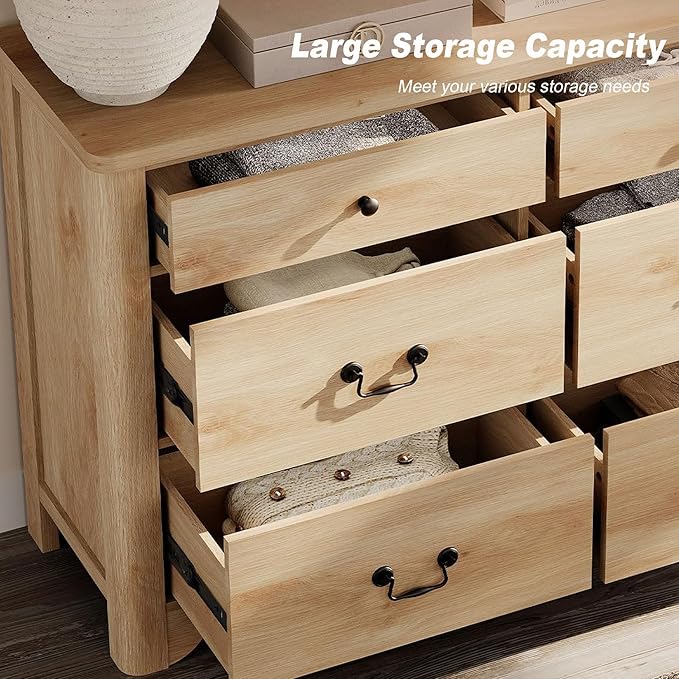 WAMPAT 3 in 1 Large Farmhouse Dresser Set, 94.5” W 9 Drawers Dresser for Bedroom with Wide Chest of Drawers for Bedroom, Living Room, Closet, Hallway, Office,Oak