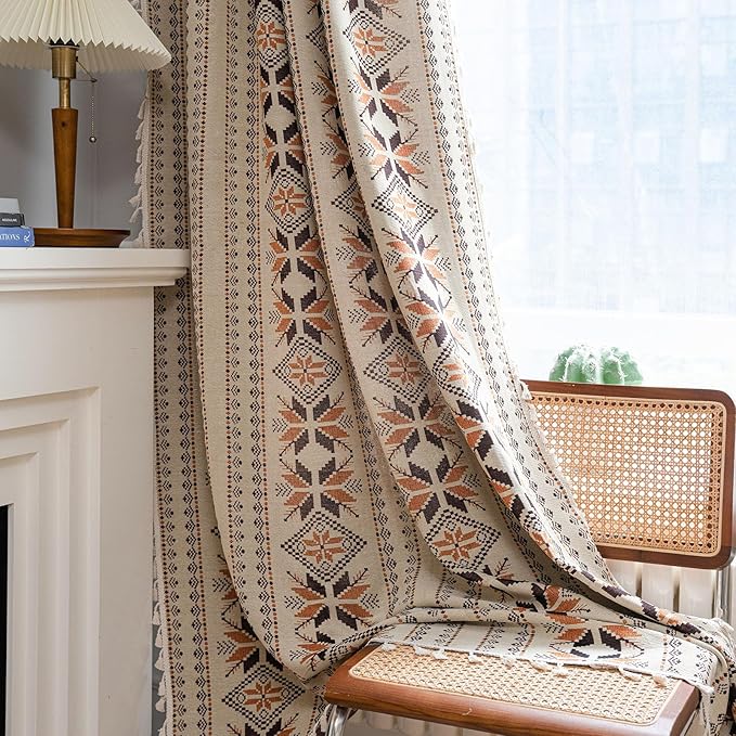 Boho Western Curtains 84 Inch Length 2 Panels Geometric Patterned Drapes Bohemian Semi Sheer Rod Pocket Tassel Window Curtain Panels Bedroom Living Room Farmhouse Coffee Brown Vintage Rustic Curtains