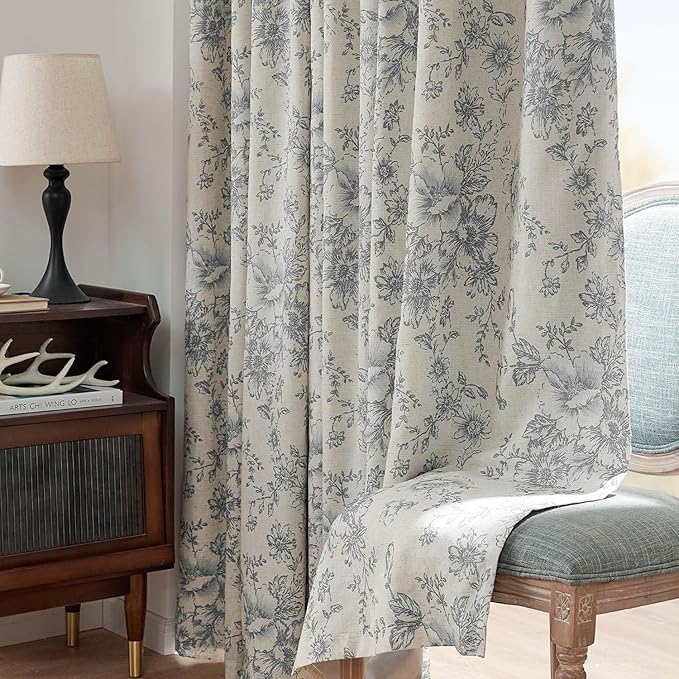 jinchan Blackout Linen Blend Curtain Gray Floral Blackout Curtains for Living Room 90 Inch Length Grey Printed with Lined Blackout Curtain for Bedroom Farmhouse Curtains Set 2 Panels