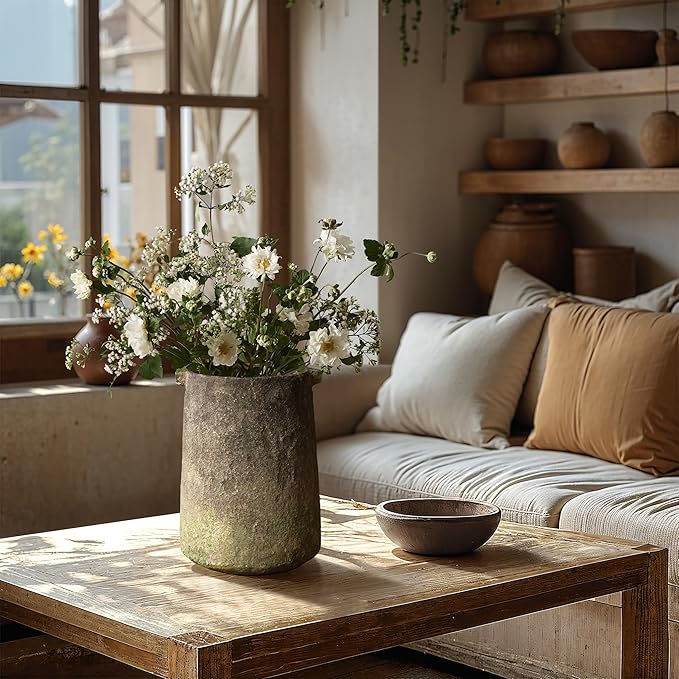 LuxenHome Rustic Vintage Cement Vase,Farmhouse Flower Vase for Room Decor Dining Table Decor,Ginger Root Brown Cement 11-Inch Tall Cylinder Vase Entry Way Table Home Decor Living Room Decor