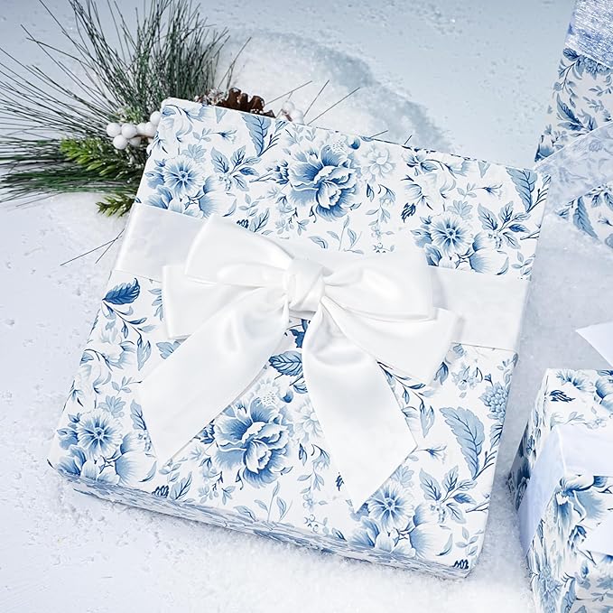 BIOBROWN Floral Wrapping Paper Jumbo Roll - 30 Inch X 33 Feet (82.5 sq. ft. ttl.) Blue White Peony Design Chinoiserie Gift Wrap Stone Paper for Christmas, Wedding, Bridal Shower, Mother's Day