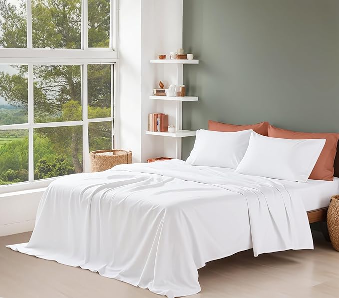 RUVANTI 100% Organic Cotton Sheets King Size, Percale Weave, GOTS Certified, 4-Piece Set, Deep Pocket 15", Crisp & Breathable, Soft Durable Bedding, Sábanas Algodón Orgánico – Bright White