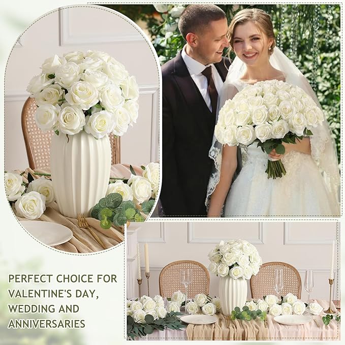 Kisflower 60 Pcs White Roses Artificial Flowers Bulk, Silk Roses with Stem Realistic White Artificial Roses for Decoration DIY Wedding Bouquet Bridal Shower Party Home Table Centerpieces Decor (White)