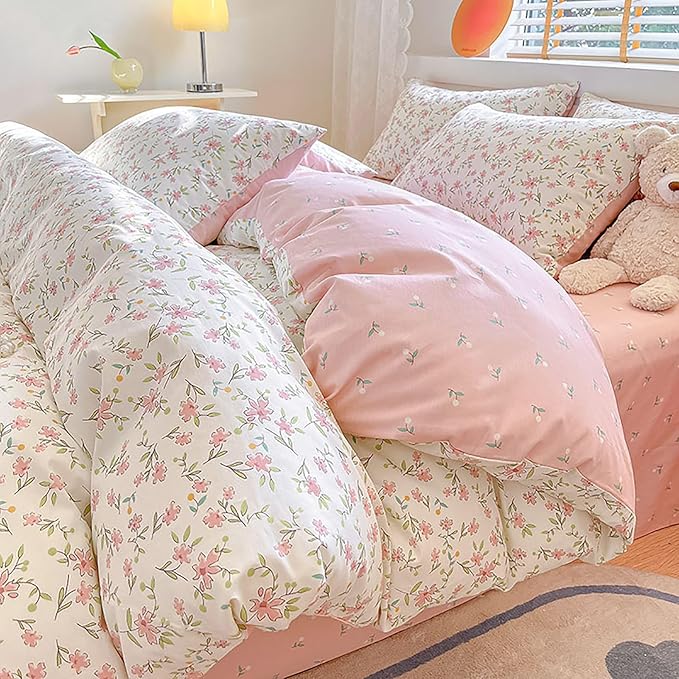 EAVD Chic Floral Girls Duvet Cover Twin XL Cotton Pink White Garden Floral Bedding Set with 2 Pillowcases Freash Cute Botanical Comforter Cover with Zipper Closure