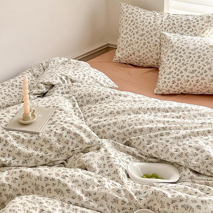 Boho Floral Duvet Cover Twin XL Aesthetic Cotton Floral Bedding Set Off White Vintage Garden Floral Comforter Cover Pink Flower Botanical French Style Duvet Cover Cottagecore Bedding Set Twin XL