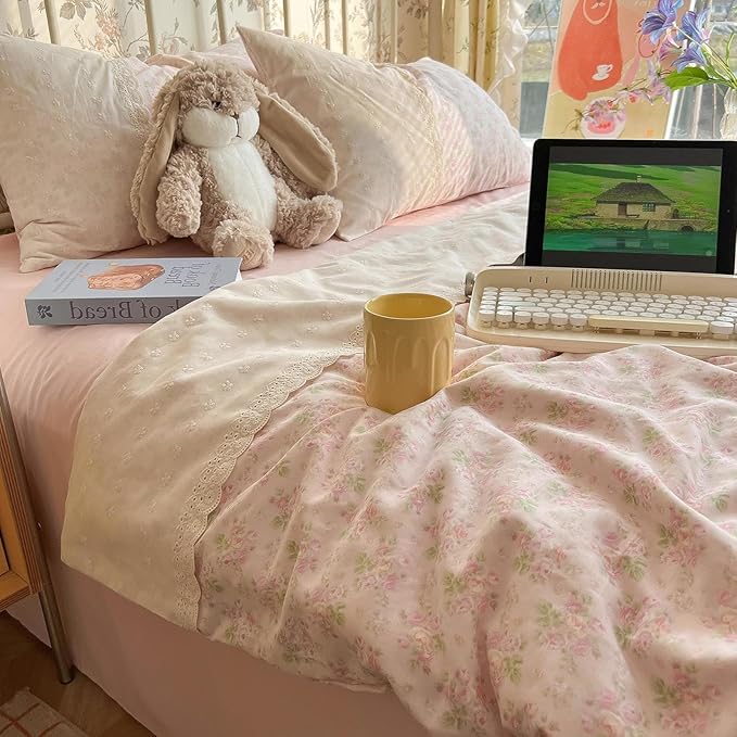 LifeTB Pink Floral Duvet Cover Twin XL Romantic Lace Bedding Set Garden Style Cottagecore Flower Duvet Cover with Zipper Closure Soft Washed Microfiber Botanical Comforter Cover for Teen Girls