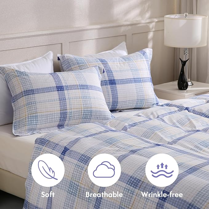 LONAVA Queen Plaid 3 Pcs Duvet Cover Set, Breathable Soft Microfiber Peri Lining Comforter Cover with Zipper Closure, and 2 Anti-Pilling, Fade Resistant Pillowcases, Blue Plaid