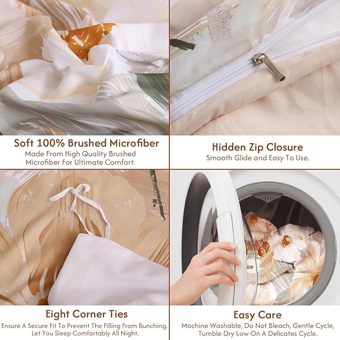 LONAVA King Flower 3 Pcs Duvet Cover Set, Breathable Soft Microfiber Biege Lining Comforter Cover with Zipper Closure, and 2 Anti-Pilling, Fade Resistant Pillowcases, Golden Flower