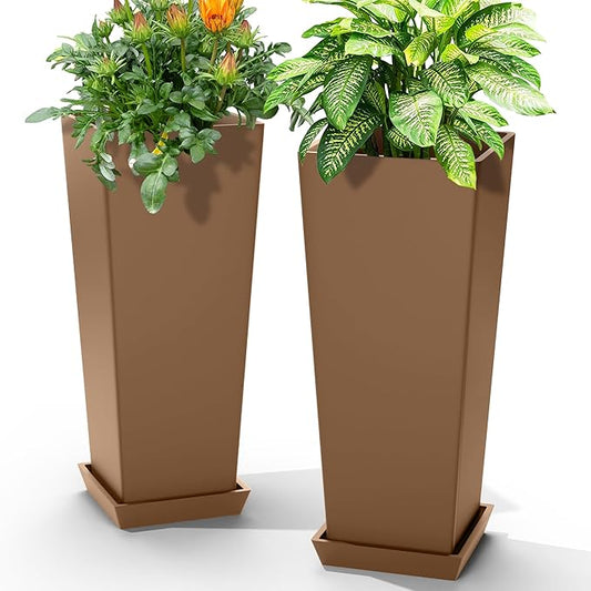 24-Inch Tall Planters Set of 2 for Outdoor and Indoor Use,Tapered Flower Pots with Drainage Tray, Front Porch and Patio Decor,Ideal for Large Plants (Brown)