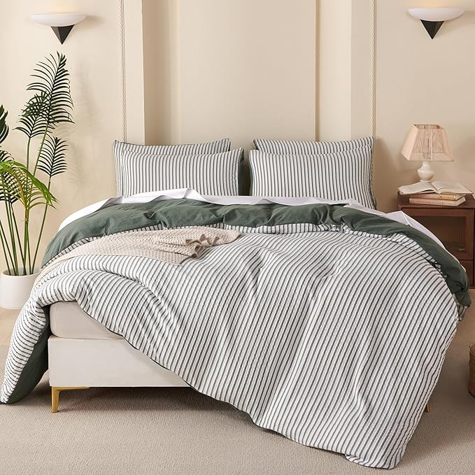 King Duvet Cover Set Striped Washed Microfiber Jacquard 3 Pieces Bedding Set, Green White Vertical Ticking Stripes Pattern Comforter Cover with Zipper Closure Breathable Durable Soft Comfy