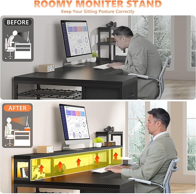 71" L Shaped Gaming Desk with 3 Drawers & Hutch, Computer Desk with Monitor Stand & Power Outlet, Home Office Desk Reversible Black Desk with LED Light,Printer Shelf,Storage Shelves,Black Carbon Fiber