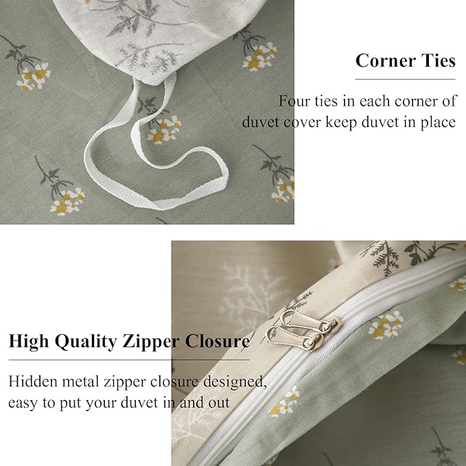 EAVD Boho Floral Duvet Cover King Beige 100% Cotton Chic Shabby Garden Floral Pattern Aesthetic Bedding Set with 2 Pillowcases Reversible Green Floral Botanical Duvet Cover with Zipper Closure