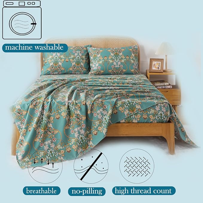 Zusbest California King Sheet Set Shabby Floral Vintage Bed Sheets Percale Cotton Chic Teal Blue Orange American Country Bedding Luxury Boho Soft Bed Deep Pocket Fitted Sheet 4Piece, Cal King