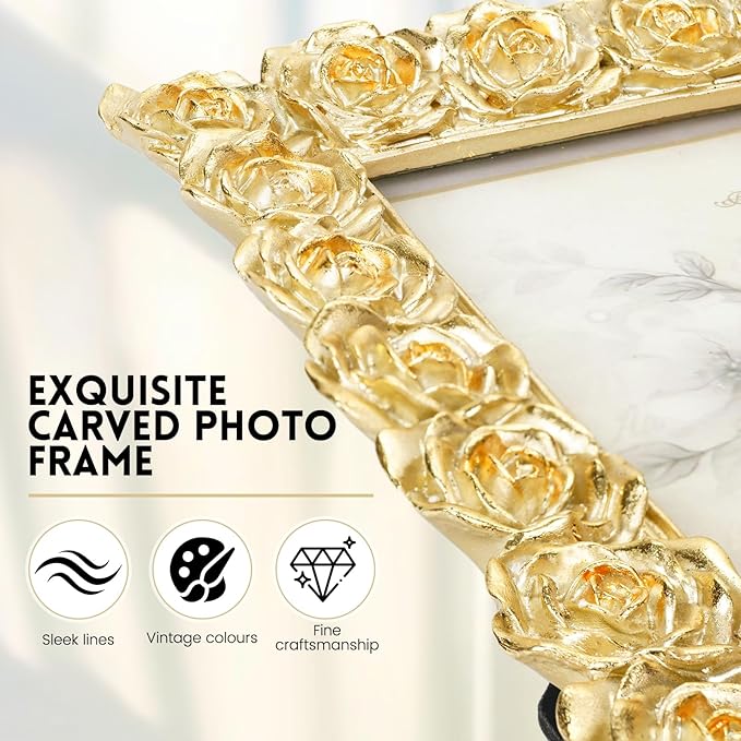 Gold Picture Frames, Rose Ornate 5x7 Photo Frame, Vintage Carved Floral Textured Hand-Crafted Picture Frame with Glass Front, Resin Photo Frames Tabletop or Wall Hanging, Pictures Display Frame for Home Decor