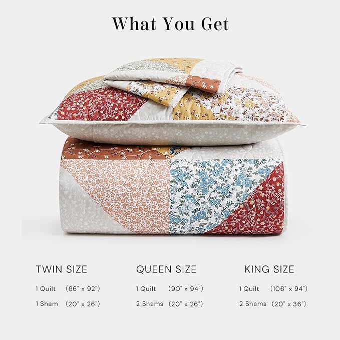 Quilt Set Queen Size, Patchwork Burnt Orange Floral Quilt Sets, Reversible Bedspread Lightweight and Breathable for All Seasons, Soft Quilted Bedspread with 2 Pillow Shams