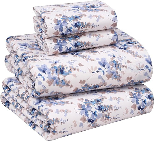 RUVANTI 100% Cotton King Size Sheets Set, 4 Pieces, Soft & Breathable Percale Weave Bedding, Deep Pocket 16", Hotel Standard, Crisp Cool Feel, Durable, Perfect Floral Bed Sheet, Maple
