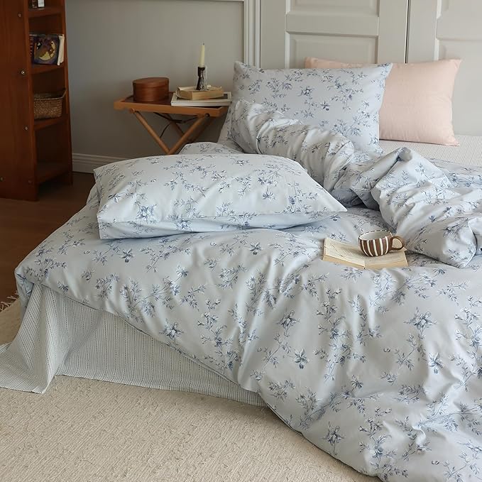 Vintage Style Garden Floral Duvet Cover Full 3 Pieces Cotton Flower Duvet Cover Blue Floral Bedding Cover with 2 Pillowcases Reversible Floral Botanical Comforter Cover Cottagecore Bedding Set Full