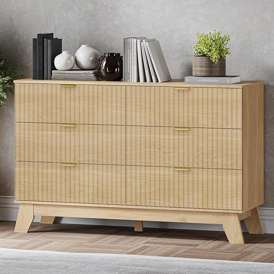 Fluted 6 Drawer Dresser, 47.2" Wide Modern Boho Chest of Drawers, Wooden Storage Dresser TV Stand for Bedroom, Living Room, Closet, Hallway, Curved Profile Design