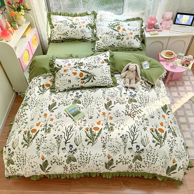 Queen Comforter Set Green Floral Comforter Queen Size Cute Flower Plants Botanical Comforter Romantic Girls Ruffle Lace Bedding Set Comfy Fluffy Soft Cottagecore Comforter Set with 2 Pillowcases