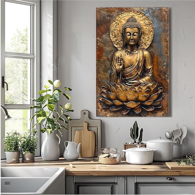 Buddha Wall Art Golden Buddha in Lotus Seat Serene spiritual statue radiant aura Meditation and mindfulness wall art suitable for sacred spaces 24x36in Wood Framed