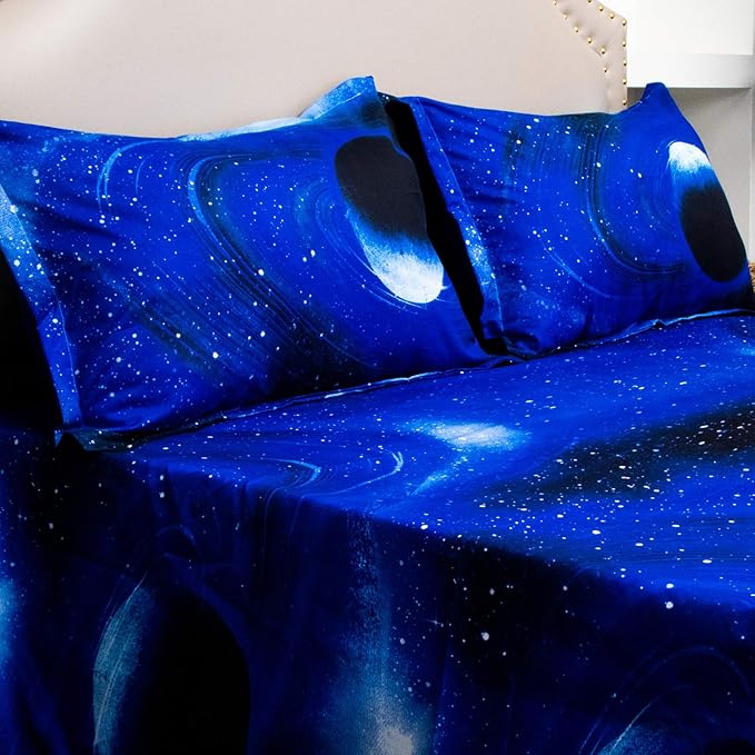Bedlifes Galaxy Outer Space Sheet Set, Galaxy Themed, 3 pcs Including Flat Sheet, Fitted Sheet, and 1 Pillowcase (Light Blue Twin)