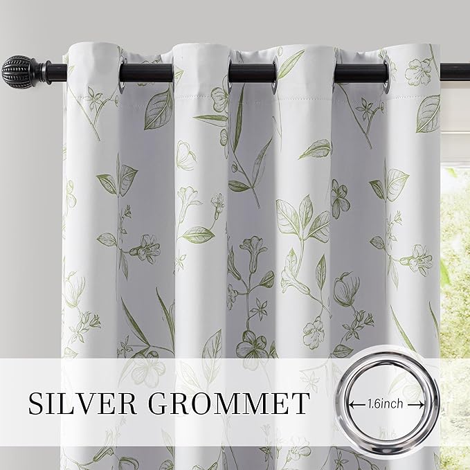 ChrisDowa 100% Blackout Floral Curtains 84 Inches Long 2 Panels for Bedroom Living Room Sage Green Flower Patterned Room Darkening Thermal Insulated Soundproof Grommet Window Treatments Drapes,52X84