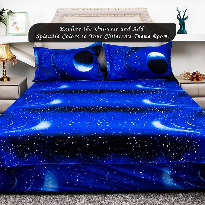 Bedlifes Galaxy Outer Space Sheet Set, Galaxy Themed, 3 pcs Including Flat Sheet, Fitted Sheet, and 1 Pillowcase (Light Blue King)