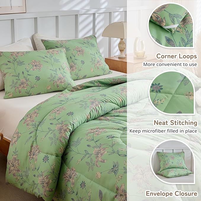 Garden Style Green Comforter Set Queen Vintage Flower Bedding Comfortet Set Soft Microfiber Bedding Set 1 Green Floral Comforter and 2 Pillowcases Chic Botanical Comforter Set for Girls Women