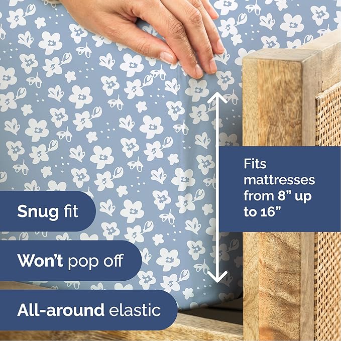 Floral Sheets - Blue Floral Bed Sheet Set - 1 Flat, 1 Fitted & 2 Pillowcases w/ Deep Pockets - Comfy, Wrinkle & Fade Free - Boho Botanical Bedding - Ultra-Soft, Breathable & Cooling - Full Size Set