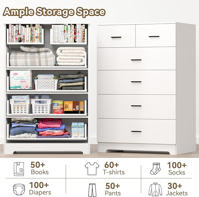 Dresser with Power Outlets Wooden 6 Drawer Dresser with Large Organizer White Tall Storage Organizer with Smooth Metal Rail Modern Chest of Drawers Closet for Bedroom Hallway