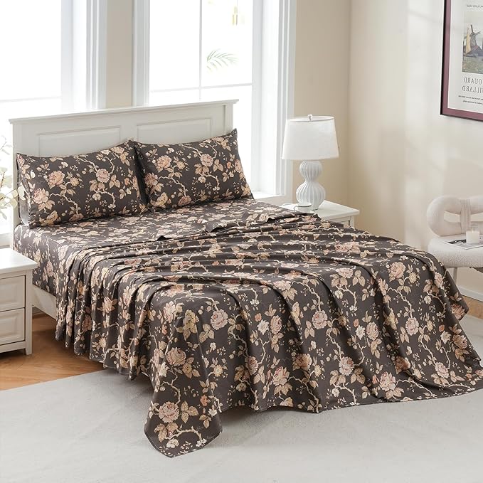 Zusbest Dark Brown Floral Bed Sheets Set - King Size Percale Cotton Shabby Rustic Peony Flower Print Bed Sheets - Soft Breathable Mocha Classic Vintage Bedding 4 Pcs Deep Pocket Flower Bed Sheets