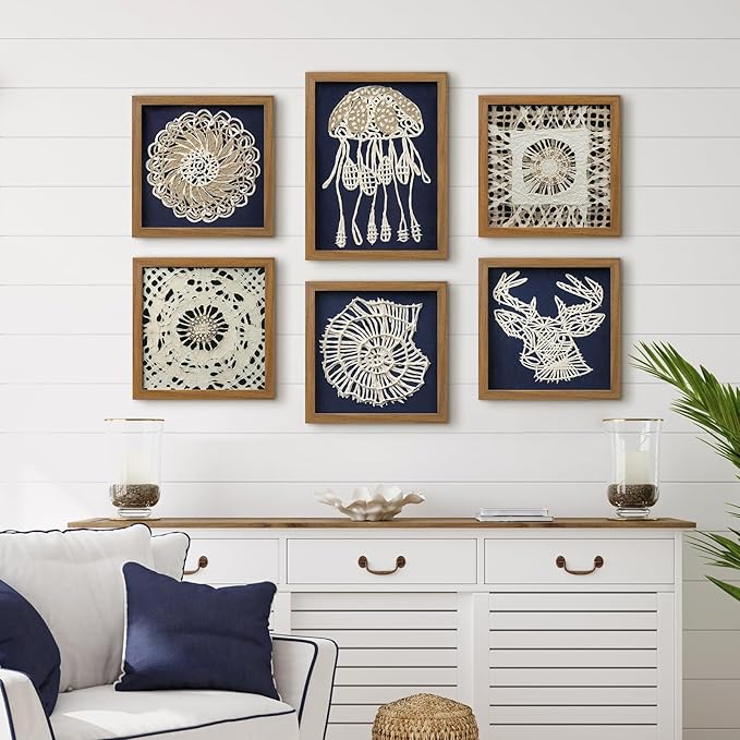 FOLKOR Framed Coastal Wall Art Decor for Living Room Bedroom, 12x16 3D Handmade Rice Paper Jellyfish Wall Hanging Sculpture, Ocean Blue Shadow Box Art for Modern Eclectic Bathroom Dining Room Nursery