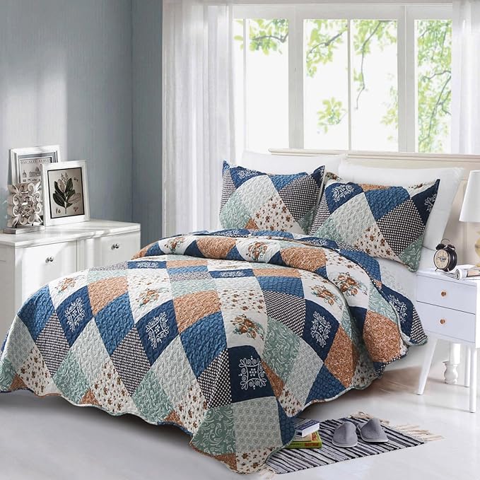 Dinjoy Reversible Patchwork Quilt Bedding Set Full Size Blue Green Grey Plaid Floral Pattern Bedspread Set Soft Microfiber Coverlets Bed Set 3 Pieces Spring Summer Fall Use (78x90 inches)