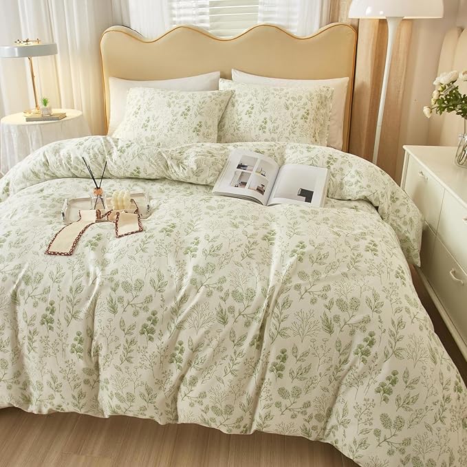 Vintage Boho Floral Duvet Cover Queen White Green Floral Print Bedding Set Cotton Botanical Floral Comforter Cover Garden Flowers Aesthetic Bedding Cover Boho Style Queen Duvet Cover with Zipper Ties