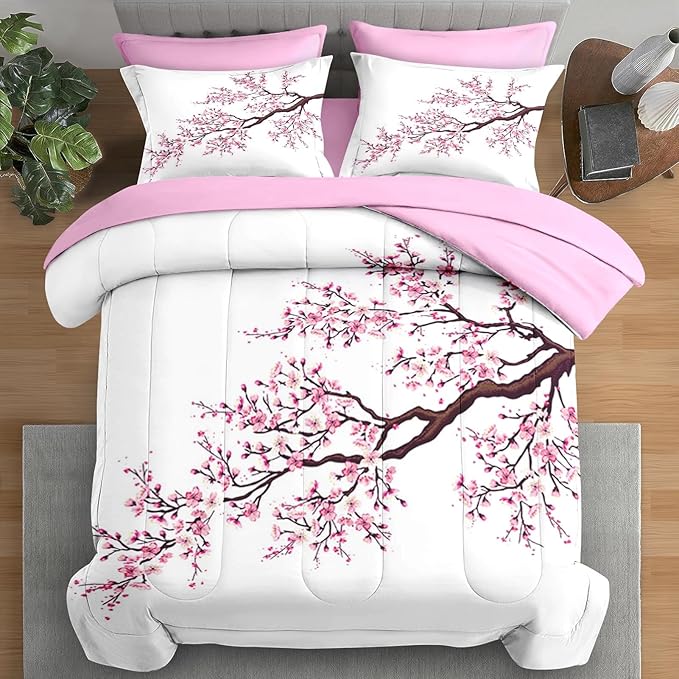 Comforter Set Queen Size, Japanese Cherry Blossom 7 Pcs Bedding for Kids and Adults, Flower Painting Pink Bed Sheet Sets with Fitted Sheet 2 Pillowcase & 2 Sham for Bedroom Bed Decor