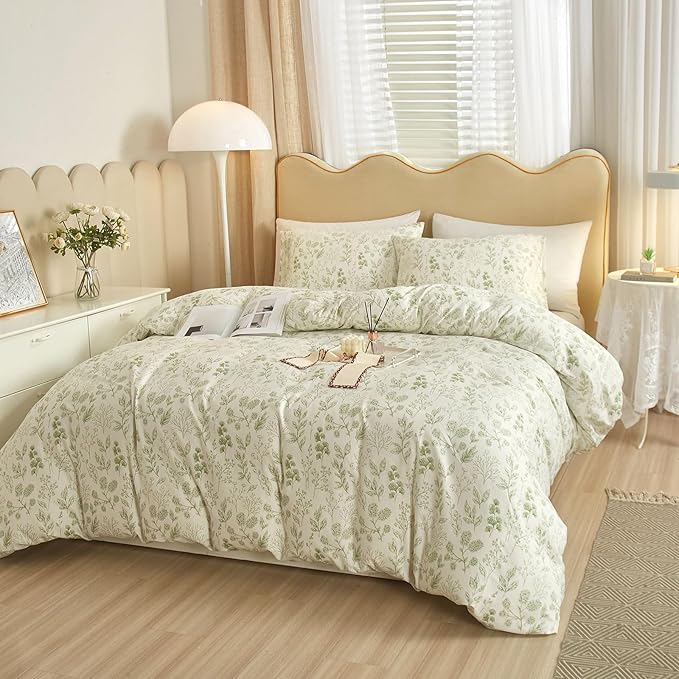 EAVD Reversible Botanical Floral Duvet Cover Queen Soft Cotton Chic Shabby Garden Green Floral Bedding Set with 2 Pillowcases Fresh Vintage Style Green Floral Comforter Cover with Zipper Closure