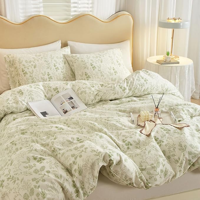 EAVD Reversible Botanical Floral Duvet Cover Twin Soft Cotton Chic Shabby Garden Green Floral Bedding Set with 2 Pillowcases Fresh Vintage Style Green Floral Comforter Cover with Zipper Closure
