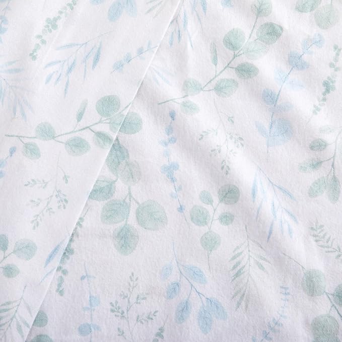 Market & Place 100% Cotton Queen Flannel Sheet Set | 4 Piece Deep Pocket Cozy Winter Floral Bed Sheets | Double Brushed for Extra Softness & Comfort | Alpine Collection (Queen, Eucalyptus Leaves)