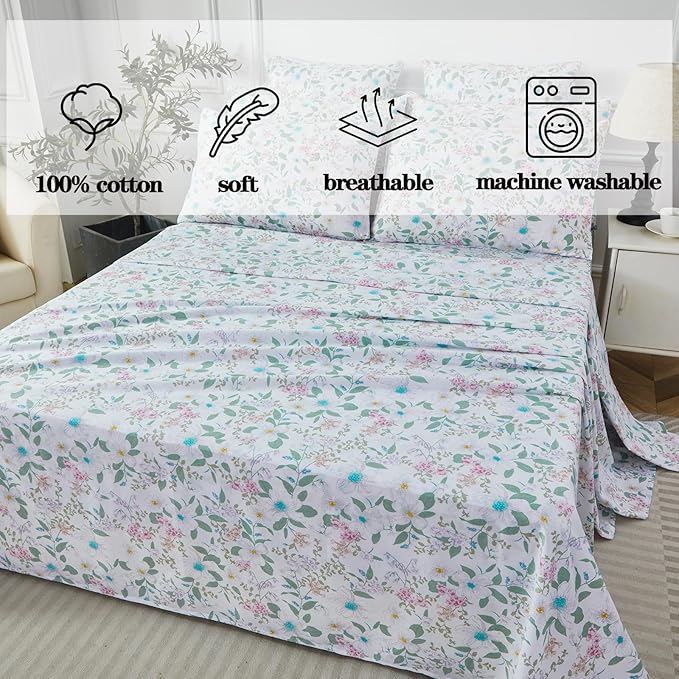 FADFAY Twin Extro Long Size Sheets Set 100% Cotton Vintage Floral Shabby Flowers & Leaves Pattern Farmhouse Bedding Set Deep Pocket Sheets with 2 Pillowcases Breathable Soft 4Pcs, Twin XL