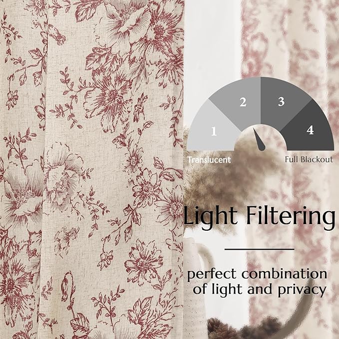 jinchan Lined Linen Blend Curtain Floral Curtains for Living Room 90 Inches Long Christmas Red Peony Flower Printed Curtain Rod Pocket Back Tab Farmhouse Patterned DrapesCurtains Set 2 Panels