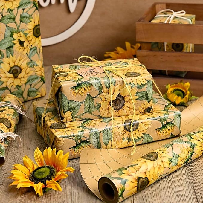 MAYPLUSS Kraft Sunflowers Gift Wrapping Paper - Vintage Elegant Sunflowers Floral Gift Wrap Paper for Women Birthday, Christmas, Baby Shower, Mothers Day, Thanksgiving, Holiday - 17 Inches X 33 Feet