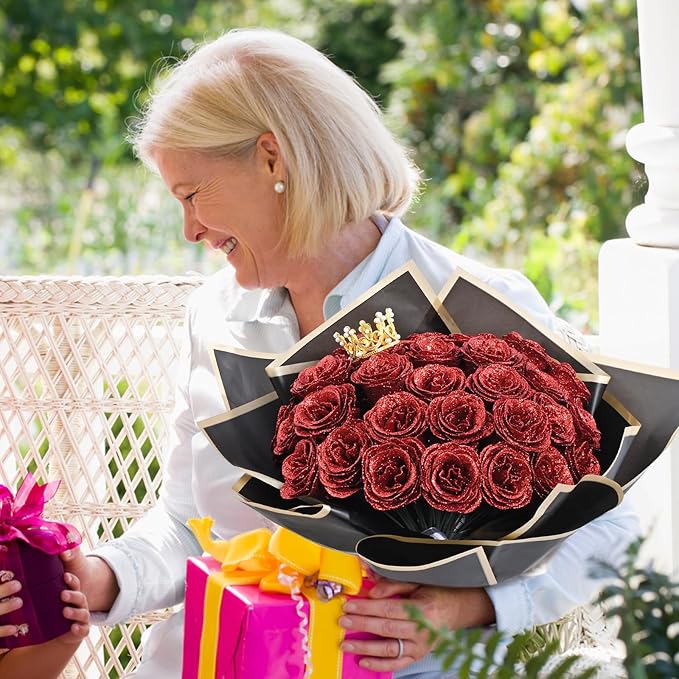 Waipfaru 24 Pcs Glitter Roses Bouquet, DIY Fake Flowers Bouquet, Artificial Red Rose Bouquet for Valentines, Anniversary, Engagement, Wedding
