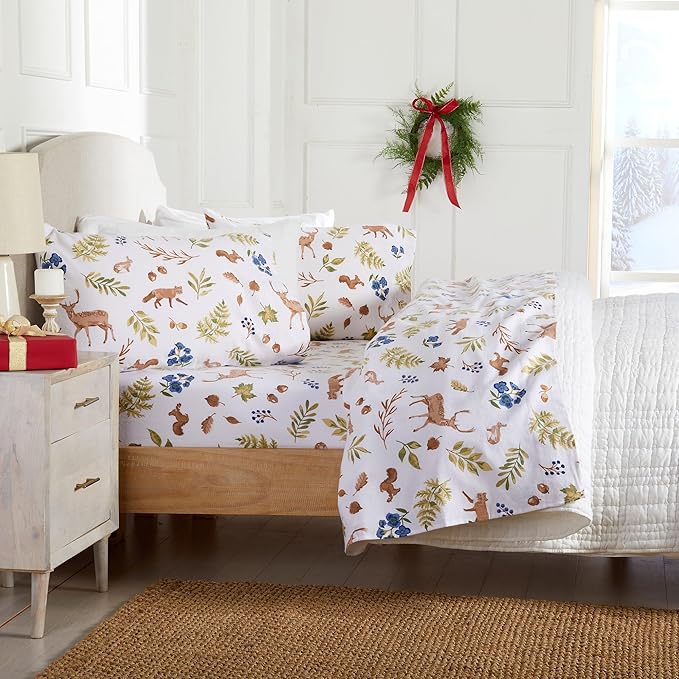 Market & Place 100% Cotton Full Flannel Sheet Set | 4 Piece Deep Pocket Novelty Cozy Winter Bed Sheets | Double Brushed for Extra Softness & Comfort | Alpine Collection (Full, Woodland Forest)