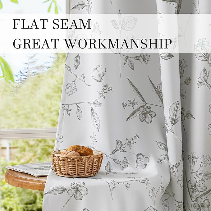 ChrisDowa 100% Blackout Floral Curtains 72 Inches Long 2 Panels for Bedroom Living Room Grey Flower Patterned Room Darkening Thermal Insulated Soundproof Grommet Window Treatments Drapes,52X72