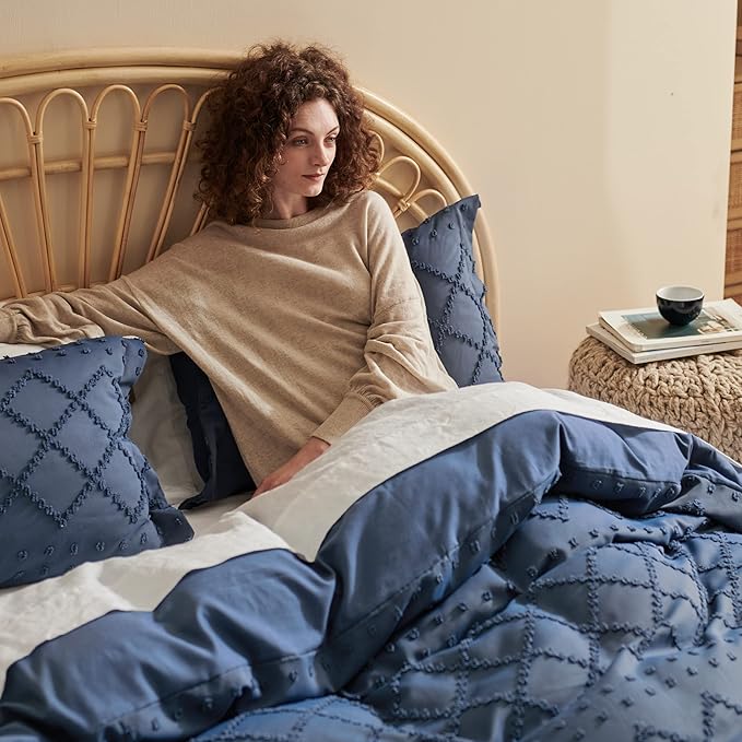 Bedsure Boho Twin Duvet Cover Size - Navy Breathable & Soft Boho Bedding, Machine Washable Comforter Cover for All Seasons, Includes 1 Duvet Cover 68"x90" with 1 Pillow Sham & Zipper Closure