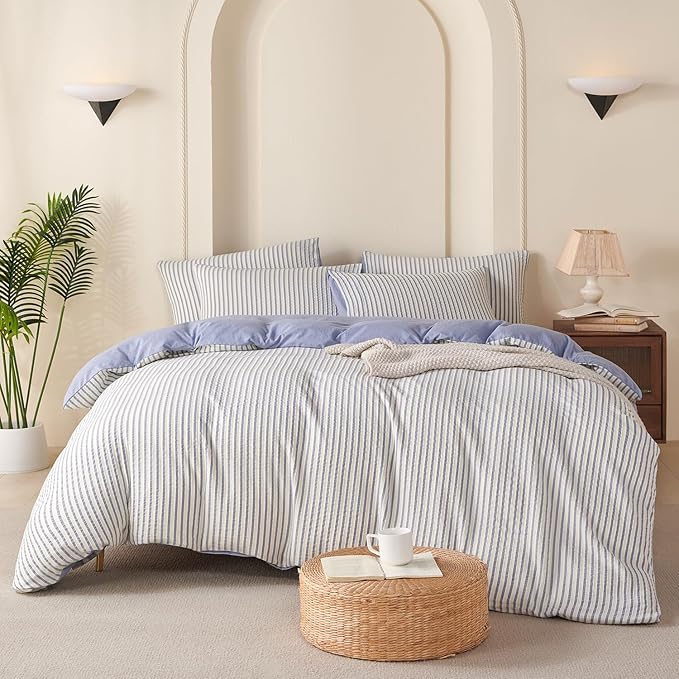 King Size Duvet Cover Blue Striped Washed Microfiber Jacquard 3 Pieces Bedding Set, White Blue Vertical Ticking Stripes Pattern Comforter Cover with Zipper Closure Breathable Durable Soft Comfy